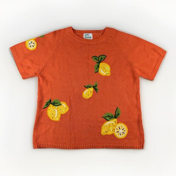 Vintage Quacker Factory Orange Lemon Fruit Knit Top 1X Sequin Retro Kitschy Vibe - Picture 1 of 9